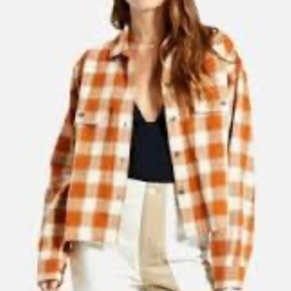 Brixton Bowery Brushed Flannel Shirt Jacket, Rust and Cream Plaid, Size XL - Picture 1 of 7